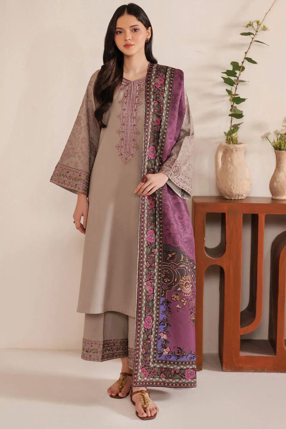 Women's Embroidered Dhanak Suit Brown Winter Party Wear